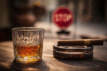 A crystal glass of whiskey sits beside a lit cigar in an ashtray against a blurred background with a stop sign