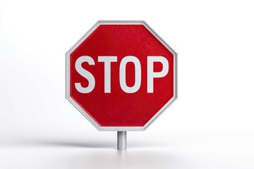 A red and white STOP sign standing on a grey pole against a white background