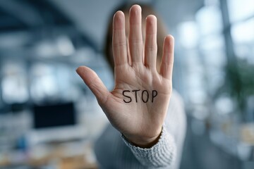 Hand extended with STOP written on the palm blurred background