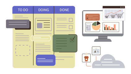Task board with columns To Do, Doing, and Done next to a monitor displaying charts and analytics. Ideal for productivity, project planning, agile teams, data analysis, workflow, organization simple © robu_s