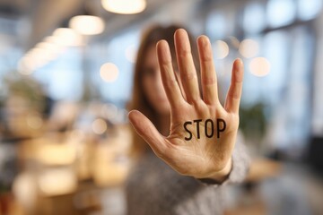 A blurred figures hand palm facing forward with the word STOP written on it Background is blurry with light fixtures and interior setting
