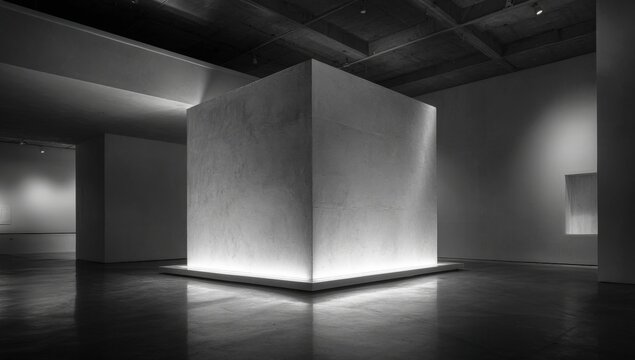 Minimalist white cube sculpture illuminated in a dark, modern gallery