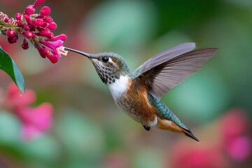 Hummingbird midflight feeding on a pink flower wings spread detailed plumage blurred green background
