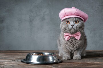 A grey cat wearing a pink hat and bow tie sits near a food bowl