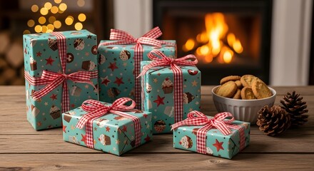 Four wrapped christmas gifts with cookies and pinecones by fire