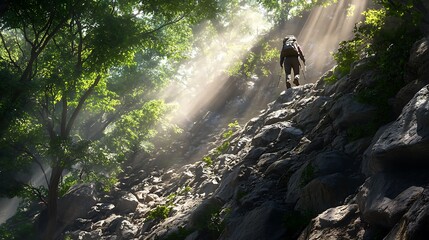 Stunning mountain hike with backpacker ascending sunlit rocky trail through lush forest, perfect for outdoor adventure and travel campaigns
