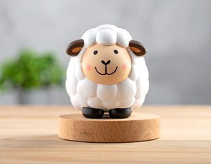 Cheerful ceramic sheep figurine with fluffy white wool and a happy face perched atop a round wooden base