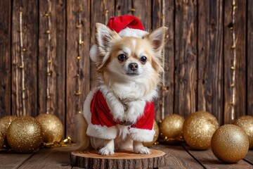 Chihuahua wearing a Santa suit posing on a wood slice