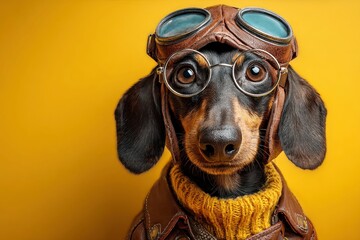 A dachshund wears aviator goggles and round glasses with a yellow sweater and brown leather jacket