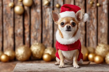 A chihuahua is dressed for Christmas in a red Santa hat and a red and white coat