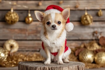 Chihuahua dog wearing a Santa suit sitting on a wood stump