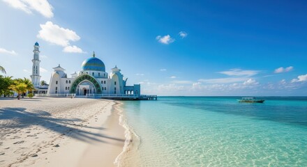 The Malacca Straits Mosque a beautiful landmark in Malaysia stands on the waters edge offering a serene view for travel and tourism