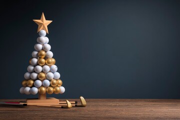 Golf ball Christmas tree with clubs on wooden table against dark background