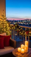 Cozy balcony setting with christmas tree and glowing candles at dusk