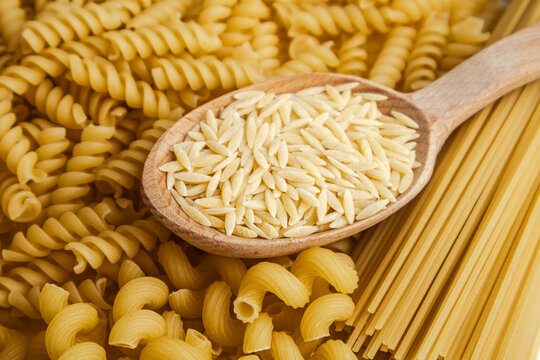 Assortment of Uncooked Pasta Varieties with Orzo in a Wooden Spoon