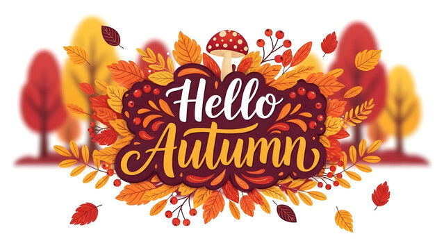Vibrant hello autumn calligraphy surrounded by colorful fall trees and falling leaves