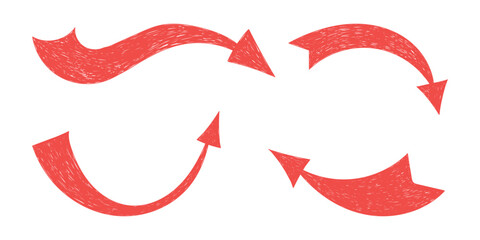 Hand drawn crayon movement arrow collection. Grunge squiggly arrow set. Pencil chalk lines sketch. Red brush scribble element set. Doodle vector illustration.