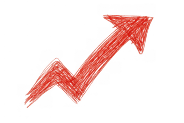 Red scribble arrow illustrating upward trend, financial growth, and market increase on transparent background