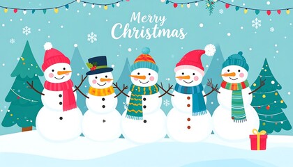 Cheerful Christmas scene featuring five happy snowmen wearing scarves and hats under a string of lights and snowflakes