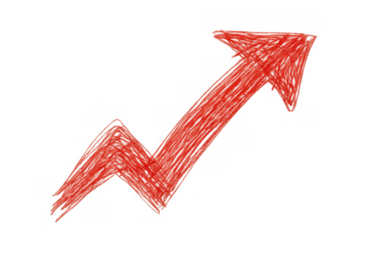 Red scribble arrow illustrating upward trend, financial growth, and market increase on transparent background