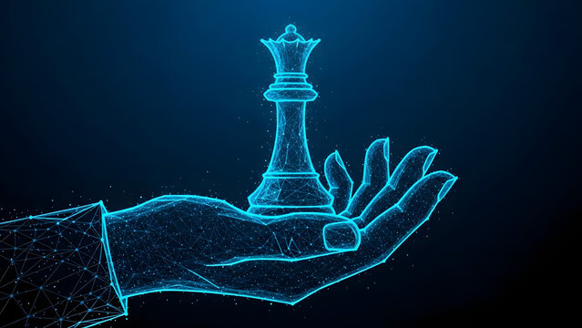 Abstract glowing blue digital hand holding a luminous chess queen piece against a dark background - Powered by Adobe