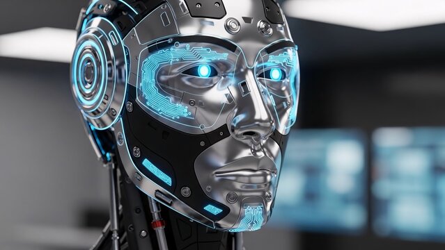 Futuristic Robot Head with Glowing Blue Eyes and Metallic Face in a Modern Lab