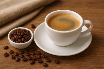 Fototapeta premium Hot Black Coffee in White Cup with Roasted Beans and Beige Napkin on Wooden Table. Cozy Morning Breakfast Concept. Generative AI.
