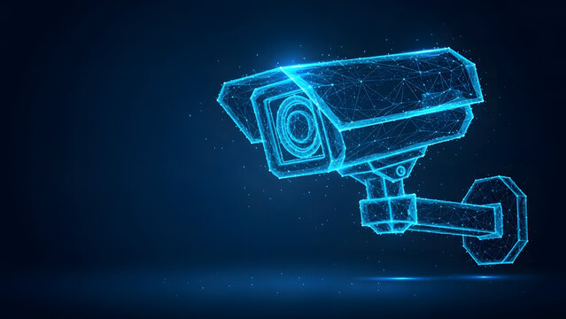 Futuristic digital surveillance camera icon representing security technology and data monitoring