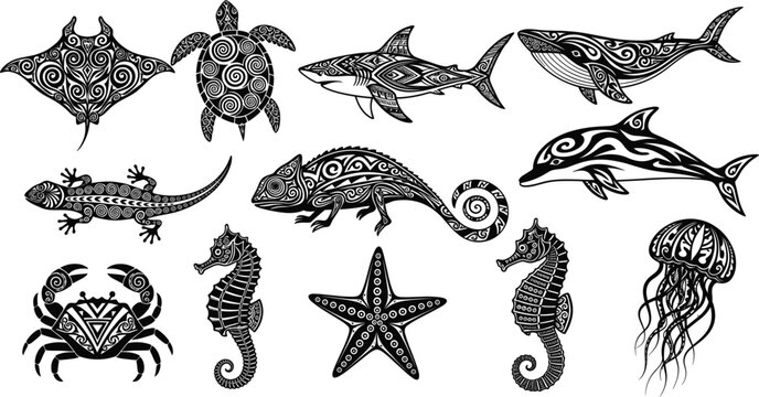 Vector Illustration Set of Marine Animals and Reptiles Decorated with Polynesian Tribal Patterns, Including Stingray, Shark, Whale, Dolphin, Crab, Seahorse, and Starfish Tattoo Art