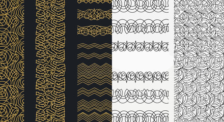 Elegant abstract vector patterns and decorative borders, featuring intricate line art and calligraphic designs, perfect for seamless backgrounds and stylish graphic elements
