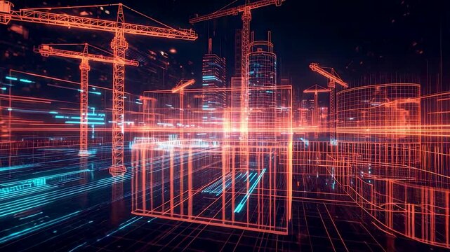 Digital construction site visualization with glowing crane structures, abstract grid space, advanced engineering concept, modern urban development
