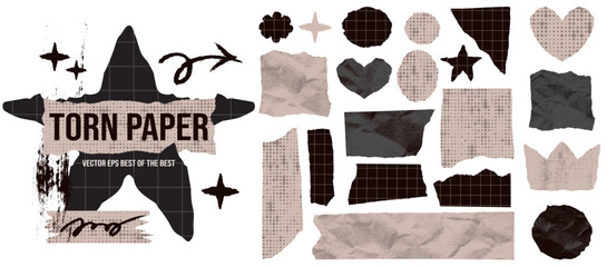 Set rough torn paper heart crown and star with jagged edges in square collage frame.