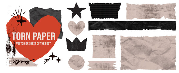 Set jagged rectangle frame with torn heart crown and star collage elements.