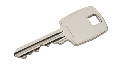 Metal door key isolated PNG on transparent background, silver house key for security and access control