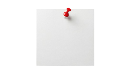 Blank white paper sheet with red push pin isolated PNG, empty memo note for message or reminder on transparent background