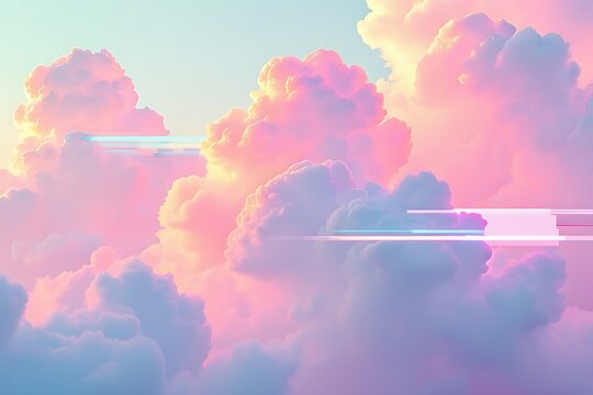 Ethereal pastel clouds with digital glitch effect in the sky