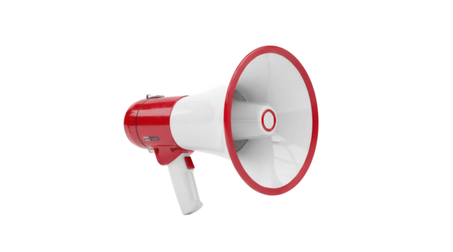 Red and white megaphone isolated PNG, public address system for announcements and emergency situations on transparent background