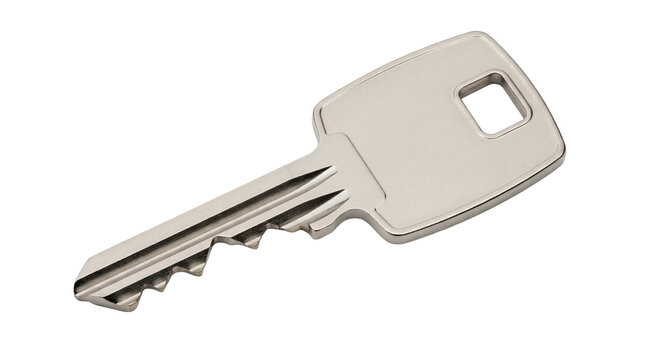 Metal door key isolated PNG on transparent background, silver house key for security and access control
