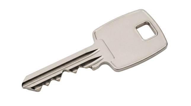 Metal door key isolated PNG on transparent background, silver house key for security and access control