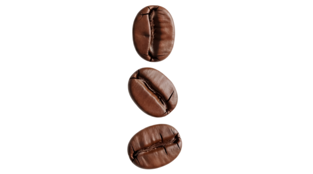 Three brown coffee beans isolated PNG, roasted aromatic seeds for caffeine beverage preparation on transparent background