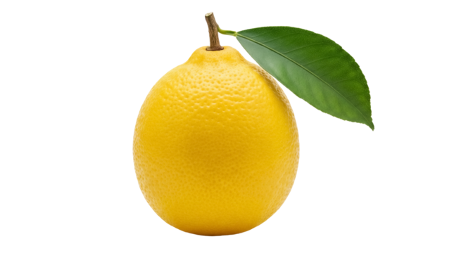 Fresh yellow lemon with green leaf isolated PNG, citrus fruit with textured peel on transparent background for healthy eating concepts