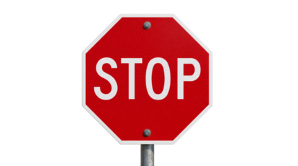 Red stop sign PNG isolated on transparent background, octagon traffic sign for road safety and transportation regulations