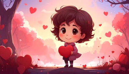 Adorable, heart-holding cartoon girl in a whimsical, pink landscape filled with floating hearts