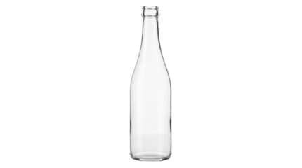 Elegant clear glass bottle isolated PNG on transparent background, empty container for liquid beverages and product mockups
