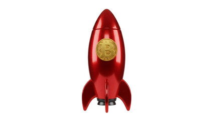 Red rocket with Bitcoin logo isolated PNG, cryptocurrency investment concept for financial technology and digital currency