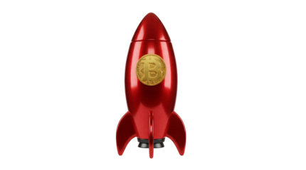 Red rocket with Bitcoin logo isolated PNG, cryptocurrency investment concept for financial technology and digital currency