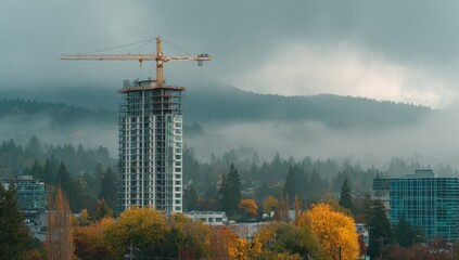 Tall building under construction, surrounded by misty autumn trees and mountains