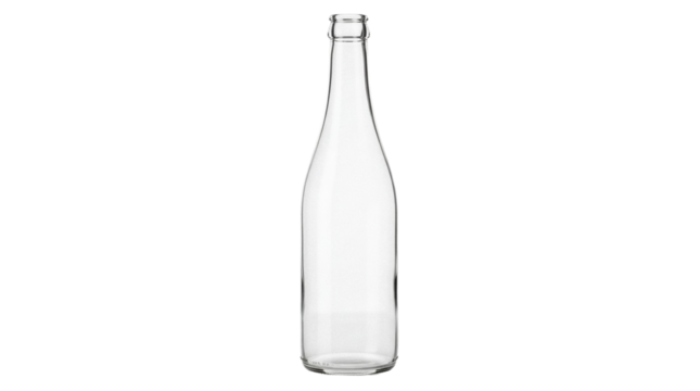 Elegant clear glass bottle isolated PNG on transparent background, empty container for liquid beverages and product mockups