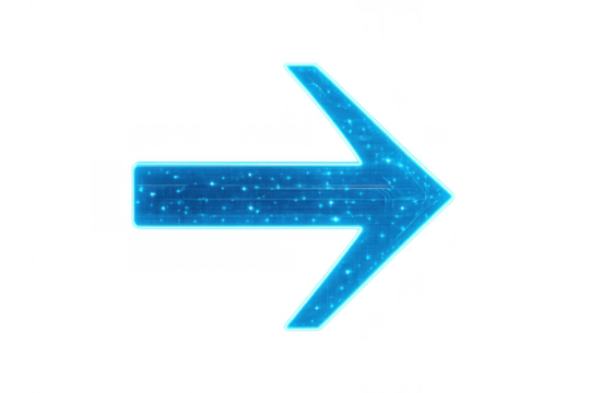 Blue glowing digital arrow pointing right, depicting technology, direction, progress, navigation, and futuristic concepts