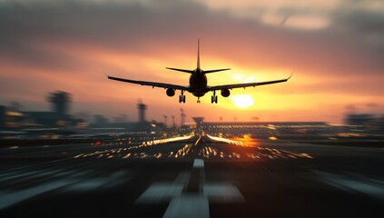 Airplane landing at dusk, runway lights blur into streaks of color